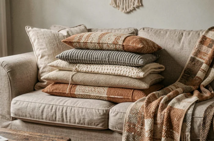 Accumulation textile sur canapé en lin avec coussins en tissages artisanaux et plaid jeté, dans des tons naturels terracotta et avoine