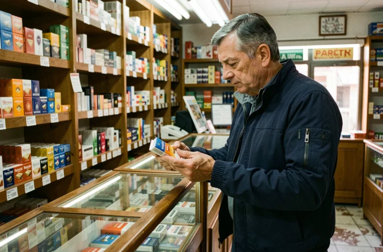 Un homme français achetant des cigarettes dans un bureau de tabac au Perthus près de la frontière espagnole en 2026