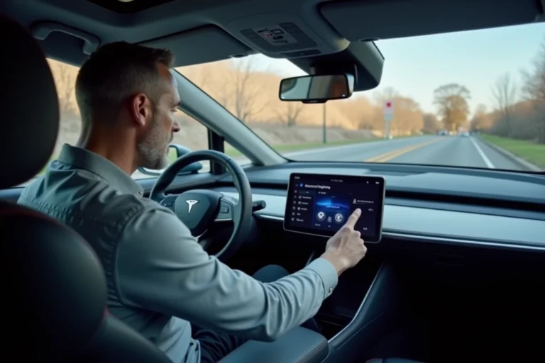 Conducteur activant les paramètres de conduite autonome sur l'écran tactile d'un véhicule électrique moderne