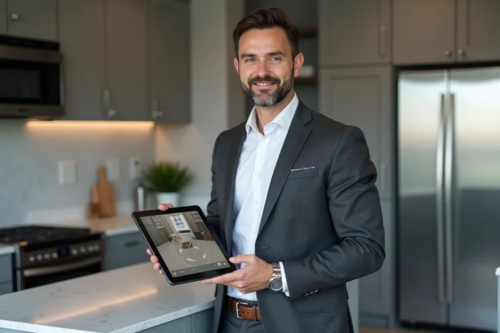 Agent immobilier présentant une visite virtuelle sur tablette dans une cuisine moderne pour guider les acheteurs