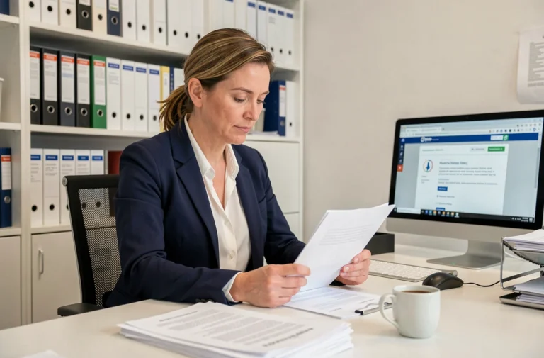 Agente administrative de l'académie de Grenoble consultant des documents PIA à son bureau