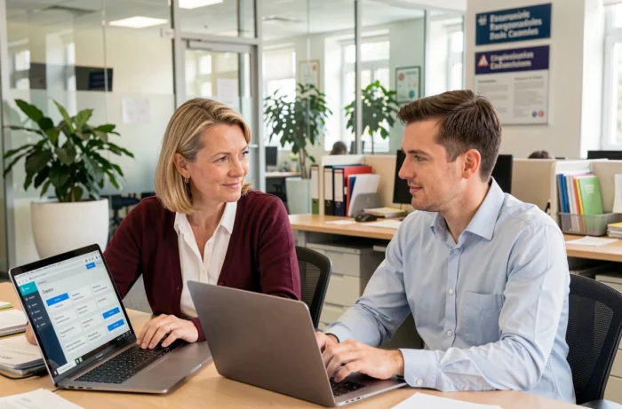 Deux agents administratifs de l'académie de Grenoble consultant ensemble le portail des services PIA