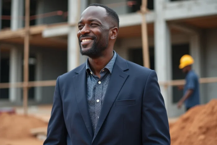 Entrepreneur africain devant un chantier de construction immobilière illustrant la réussite entrepreneuriale en Afrique