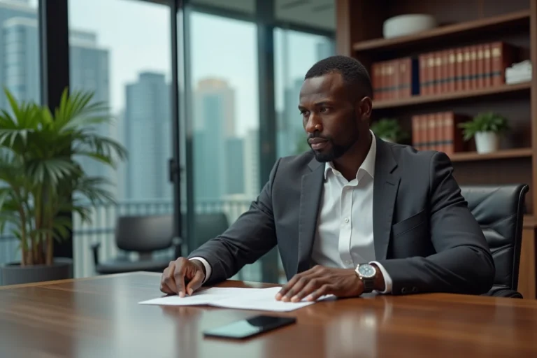Homme d'affaires africain prospère en costume gris assis dans un bureau moderne avec vue sur une skyline urbaine africaine