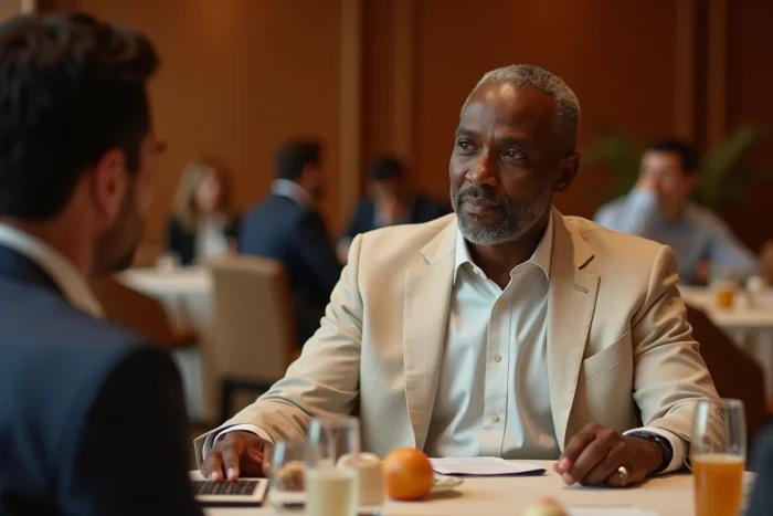 Homme d'affaires africain discret en costume lin beige lors d'une réunion d'affaires dans un salon hôtelier élégant
