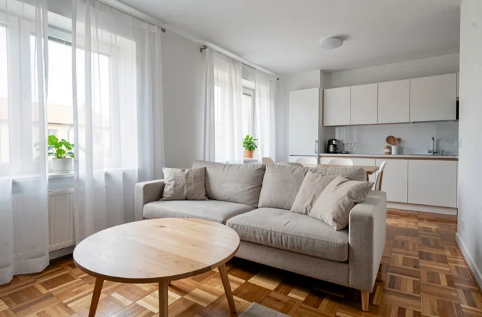 Appartement meublé prêt à la location avec salon moderne et cuisine ouverte