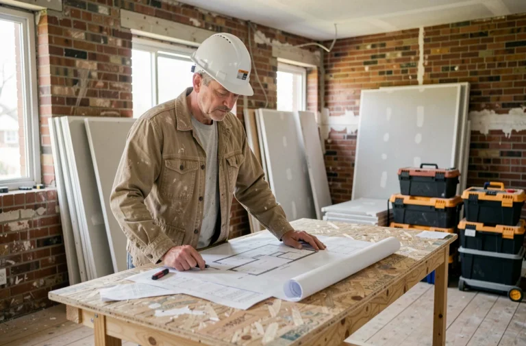 Artisan en combinaison de travail étudiant des plans de rénovation dans un appartement en chantier avec murs en brique apparente