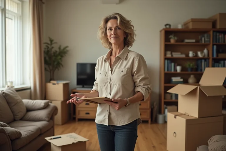 Femme organisatrice tenant un clipboard dans un salon encombré de cartons prêts à être vidés par une association