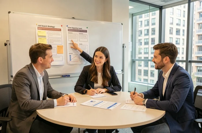 Groupe de professionnels participant à un atelier de stratégie de recherche d'emploi autour d'une table dans une salle de réunion moderne