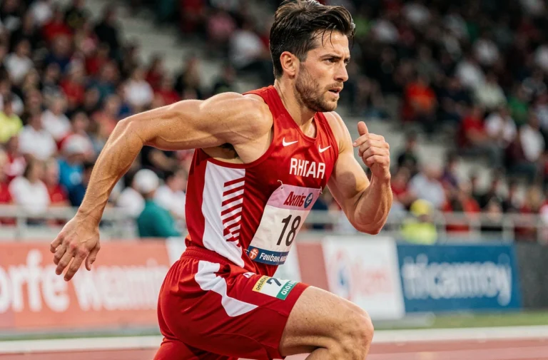 Athlète masculin en plein sprint lors d'un championnat d'athlétisme 2024, stade plein de spectateurs en arrière-plan flou