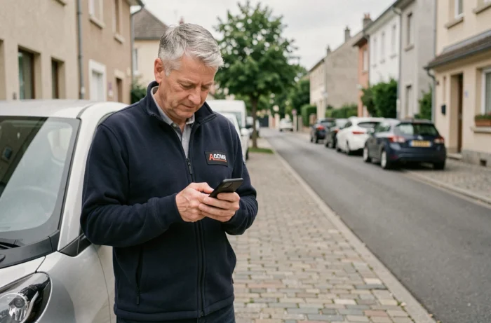 Auxiliaire de vie ADMR consultant le planning Philia sur smartphone devant son véhicule