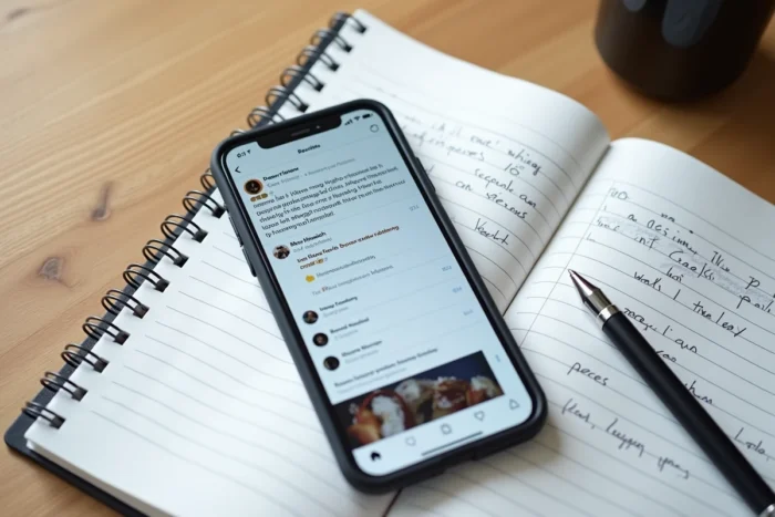 Vue aérienne d'un smartphone affichant des avis sur les réseaux sociaux et d'un carnet de notes manuscrites sur un bureau en bois