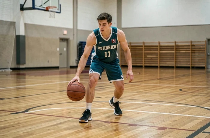 Jeune basketteur s'entraînant avec un dribble technique sur un parquet de salle de sport intérieure moderne