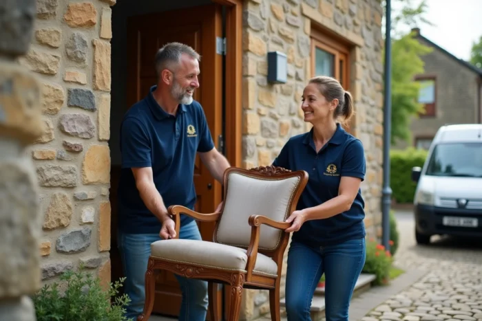 Deux bénévoles d'une association portant un fauteuil ancien hors d'une maison en pierre lors d'une opération de vidage