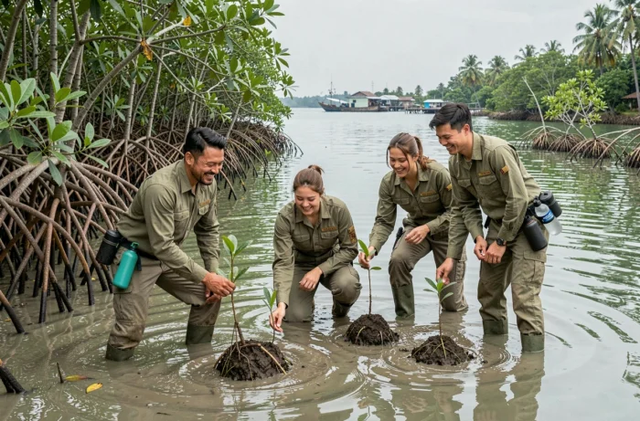 Des volontaires solidaires replantant des palétuviers dans un estuaire tropical en Asie du Sud-Est, exemple concret du tourisme responsable et environnemental