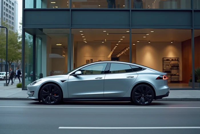 Berline électrique moderne garée devant un showroom contemporain, reflet urbain sur carrosserie argentée métallisée