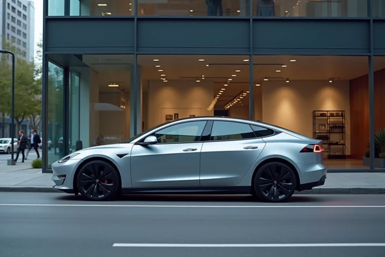 Berline électrique moderne garée devant un showroom contemporain, reflet urbain sur carrosserie argentée métallisée