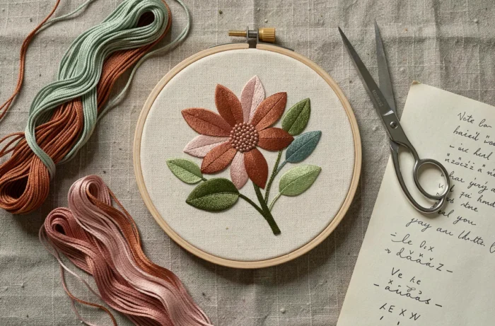 Vue de dessus d'un tambour à broder avec broderie botanique contemporaine entouré de fils de soie colorés et d'accessoires de couture