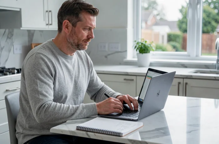 Homme calculant la rentabilité d'un investissement locatif sur ordinateur portable à la maison