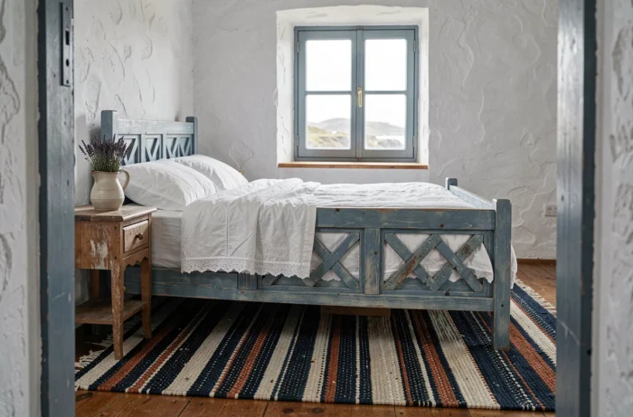 Chambre de style breton avec lit en chêne sculpté, linge blanc brodé et tapis en laine aux couleurs marines traditionnelles