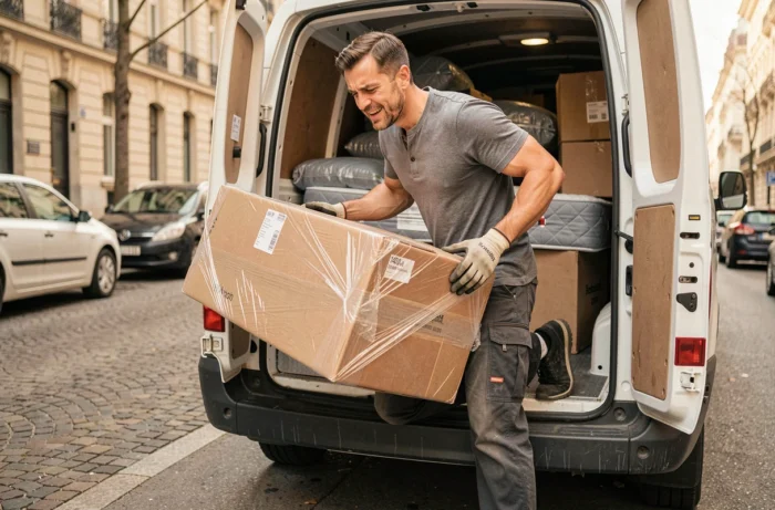 Homme seul chargeant un sommier 140x190 dans un camion de déménagement en milieu urbain