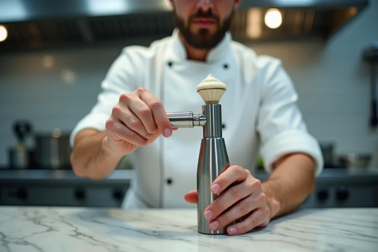 Chef pâtissier tenant un siphon à chantilly en inox au-dessus d'un plan de travail en marbre, avec de la crème résiduelle visible à l'intérieur
