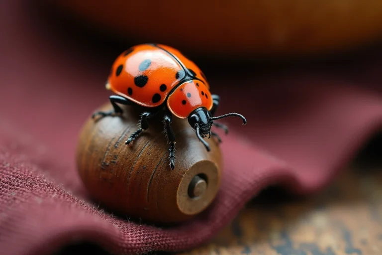 Coccinelle asiatique perchée sur un chapelet bouddhiste en bois, symbolisant la spiritualité et les croyances liées à l'insecte porte-bonheur