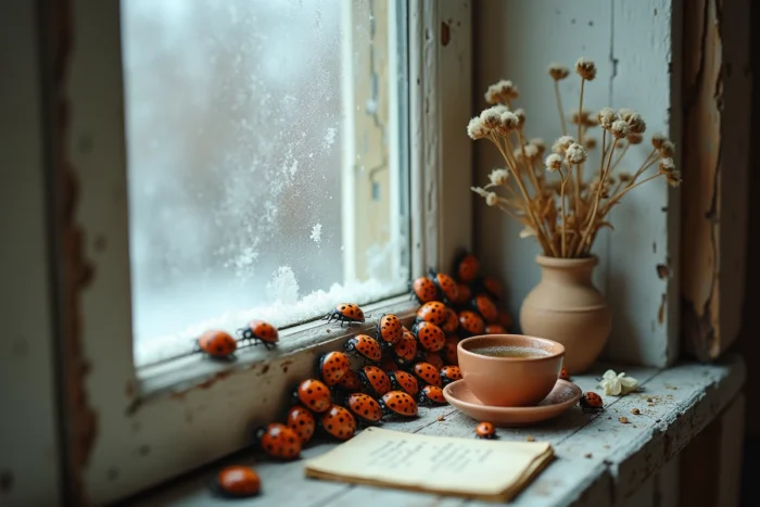 Groupe de coccinelles asiatiques rassemblées sur un rebord de fenêtre rustique en hiver, évoquant les croyances populaires et les présages spirituels
