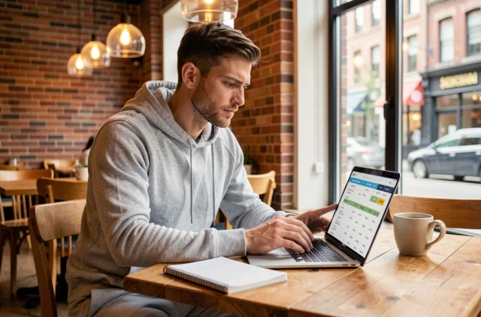 Homme comparant les offres et tarifs d'abonnement Basic Fit sur un ordinateur portable dans un café
