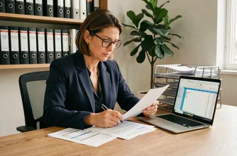 Comptable analysant les tableaux d'amortissement d'un bien immobilier LMNP dans un bureau moderne