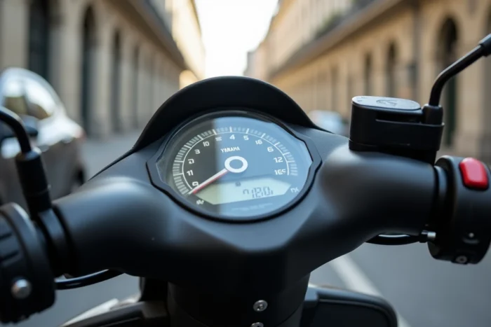 Tableau de bord numérique du Yamaha XMAX 125 affichant le compteur de vitesse en milieu urbain