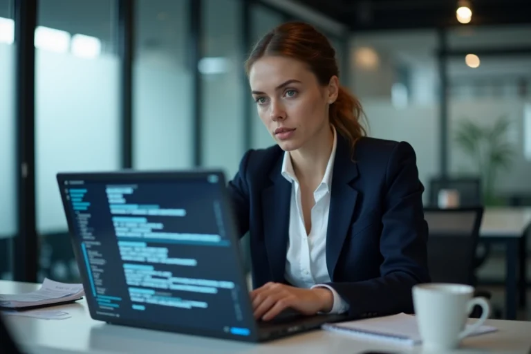 Femme concentrée devant un écran d'ordinateur affichant des paramètres de confidentialité et de données personnelles dans un bureau moderne