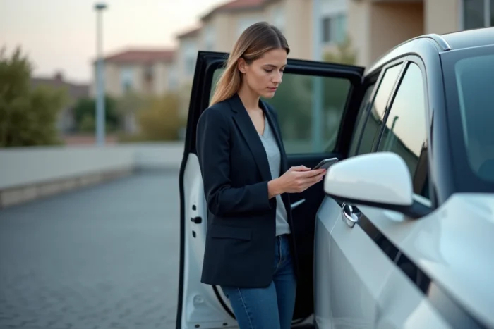 Femme configurant la conduite autonome de son SUV via une application smartphone dans un parking résidentiel