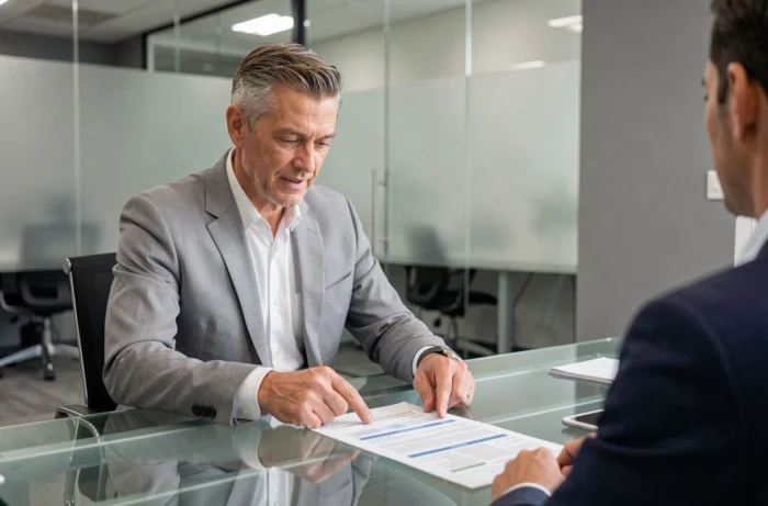 Conseiller en assurance expliquant les garanties d'un contrat à un client dans une agence moderne