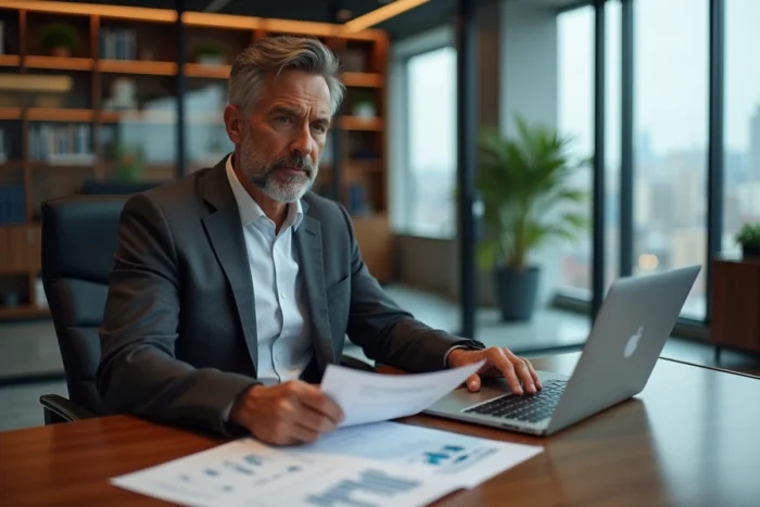 Conseiller financier analysant des documents de SCPI fiscales dans un bureau moderne avec vue sur la ville