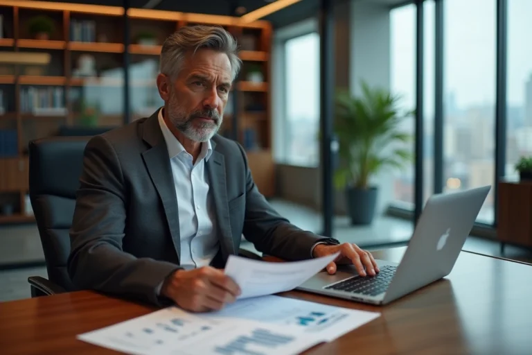 Conseiller financier analysant des documents de SCPI fiscales dans un bureau moderne avec vue sur la ville