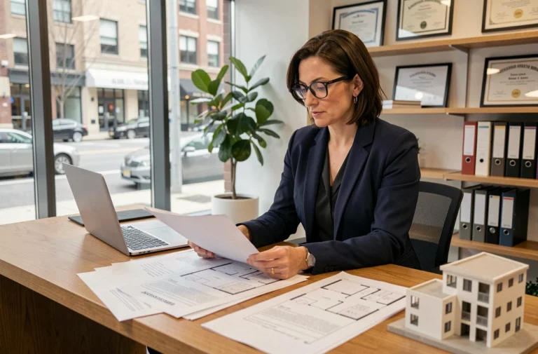 Conseillère immobilière analysant des plans et documents pour un investissement locatif dans une agence moderne