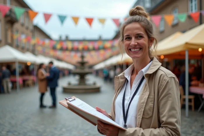 Coordinatrice d'un comité des fêtes tenant un clipboard sur une place de village décorée pour un événement festif