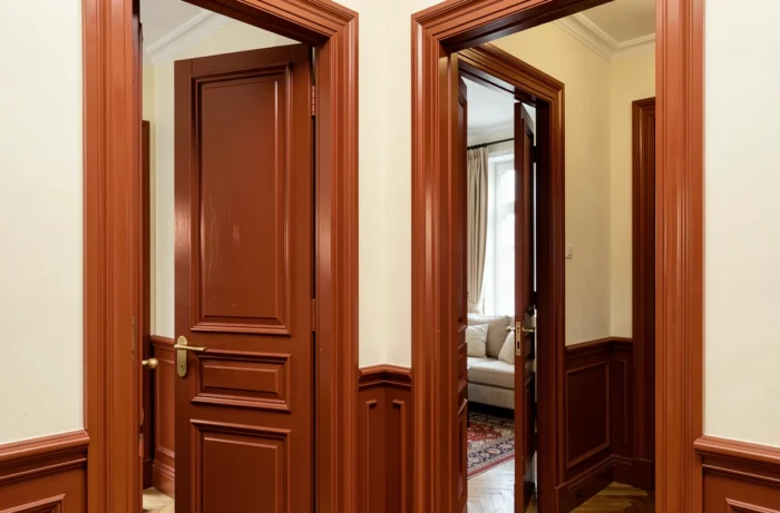 Menuiserie intérieure peinte en couleur saturée terracotta brûlée, révélant les moulures d'une porte haussmannienne dans un couloir parisien