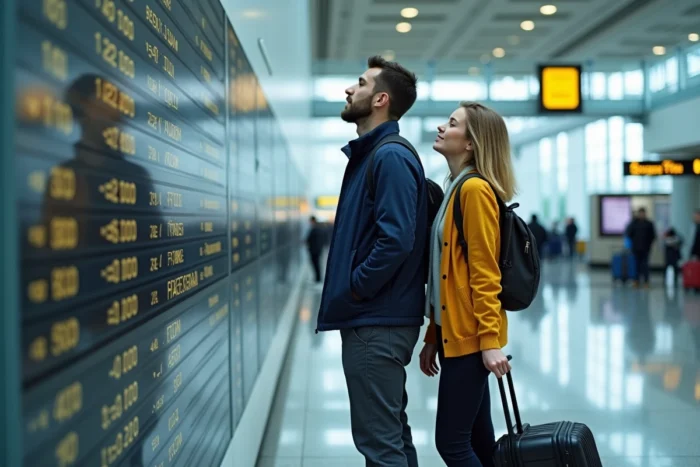 Couple détendu dans un terminal d'aéroport regardant le tableau des départs avec leurs bagages