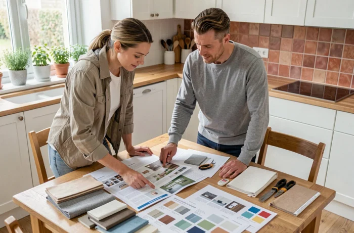 Couple planifiant l'achat d'équipements pour la maison en consultant un catalogue dans une cuisine moderne