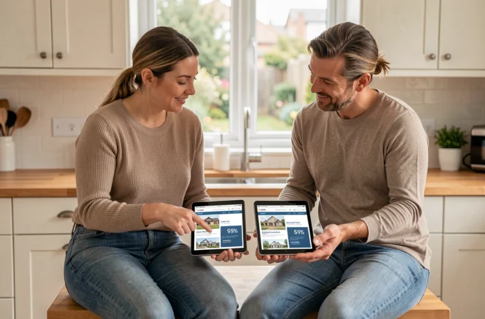 Couple comparant des annonces immobilières archivées sur deux tablettes dans une cuisine moderne pour suivre leur historique