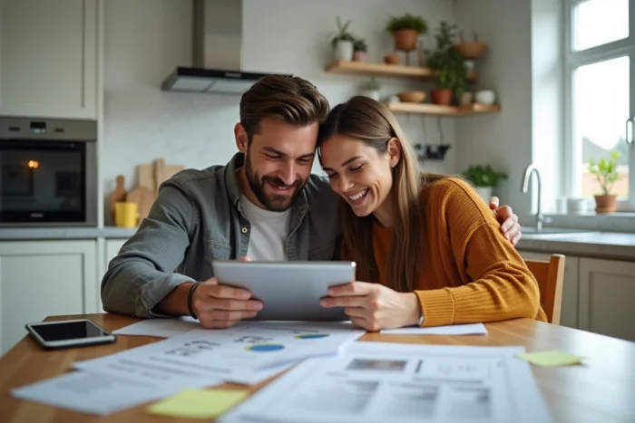 Couple étudiant des annonces immobilières sur une tablette autour d'une table avec des plans de maisons imprimés