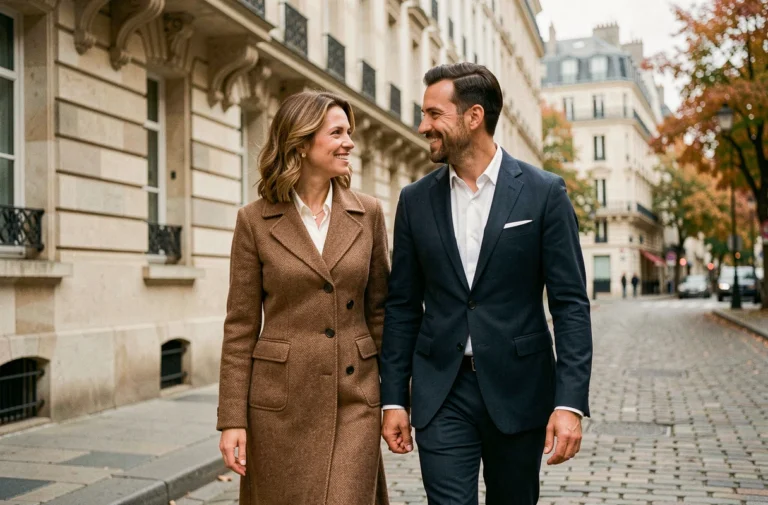 Couple élégant se promenant dans un quartier parisien haussmannien, illustrant la vie privée d'un conjoint discret
