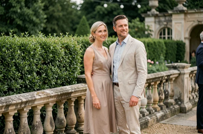 Couple lors d'un événement privé dans un jardin élégant, illustrant la discrétion de la vie personnelle de Samantha de Bendern et son conjoint