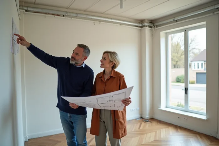 Couple inspectant les détails structurels d'un bien immobilier avant achat pour éviter les mauvaises surprises