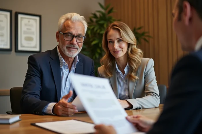 Couple en réunion avec un conseiller patrimonial pour investir dans des SCPI fiscales et optimiser leur fiscalité