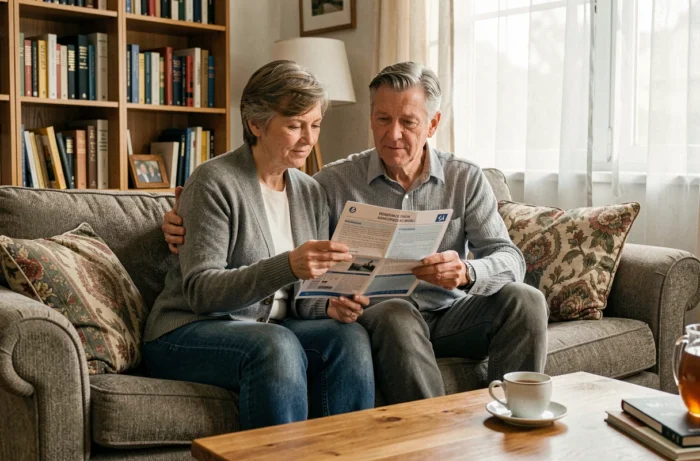 Couple à la maison discutant de leur contrat d'assurance, symbolisant la protection familiale et les garanties personnalisées