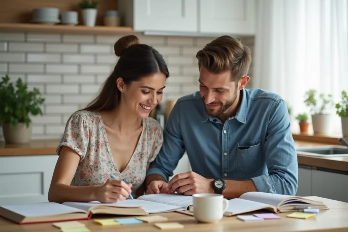 Couple de jeunes parents discutant ensemble autour de livres sur la parentalité dans une cuisine moderne