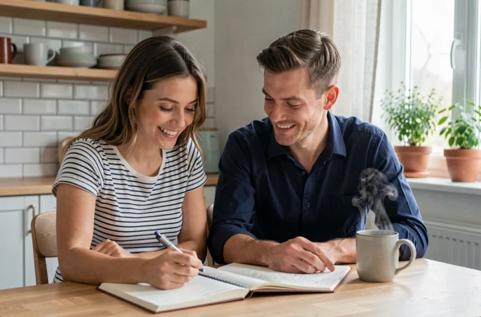 Couple de parents assis à une table de cuisine en chêne, prenant des notes ensemble sur l'organisation familiale avec des sourires complices